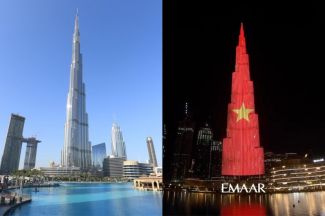 Tự hào Quốc kỳ Việt Nam rực sáng trên tòa tháp Dubai cao nhất thế giới